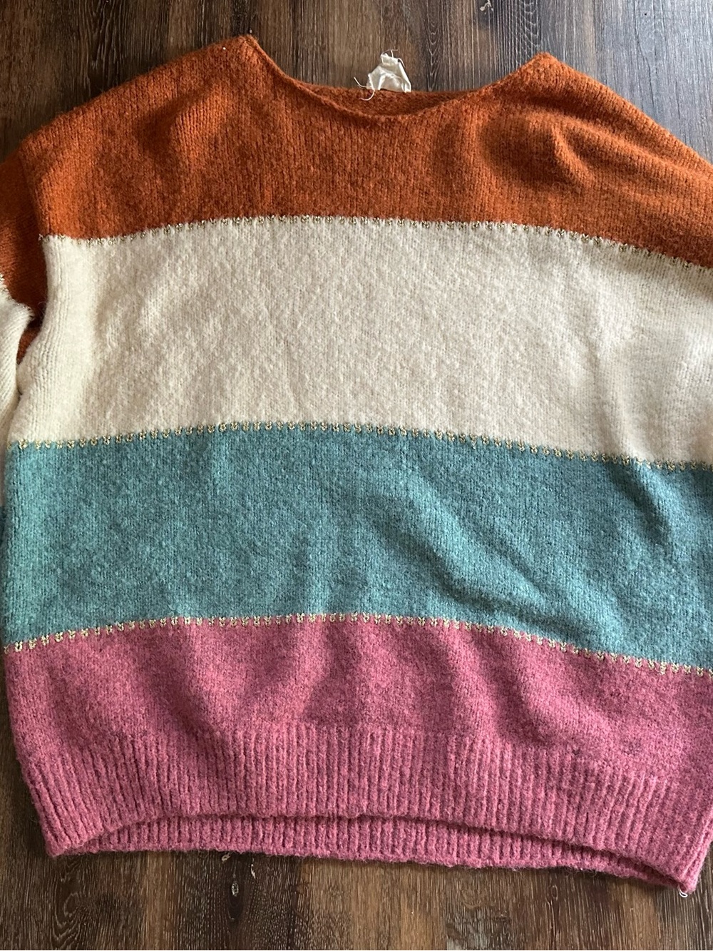 1.4.3. Story by Line Up Striped Crewneck Sweater in Rust, Cream, Teal & Pink